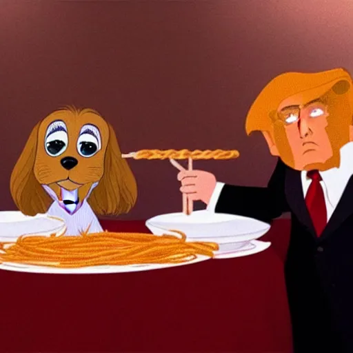 Prompt: lady and the tramp spaghetti scene but with donald trump