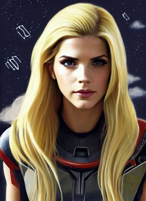 Prompt: portrait of a combination of Ashley Greene, Katheryn Winnick, Victoria Justice and Adriana Dxim, Grace Kelly, Emma Watson and Lily Collins with blonde hair wearing Samus' Armor from Metroid, countryside, calm, fantasy character portrait, dynamic pose, above view, sunny day, thunder clouds in the sky, artwork by Jeremy Lipkin and Giuseppe Dangelico Pino and Michael Garmash and Rob Rey and Greg Manchess and Huang Guangjian, very coherent asymmetrical artwork, sharp edges, perfect face, simple form, 100mm