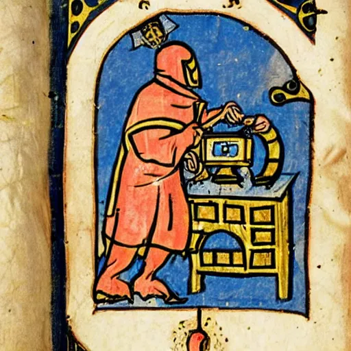Prompt: illuminated medieval manuscript featuring an illustration of a robot monk operating a console for a dimensional portal