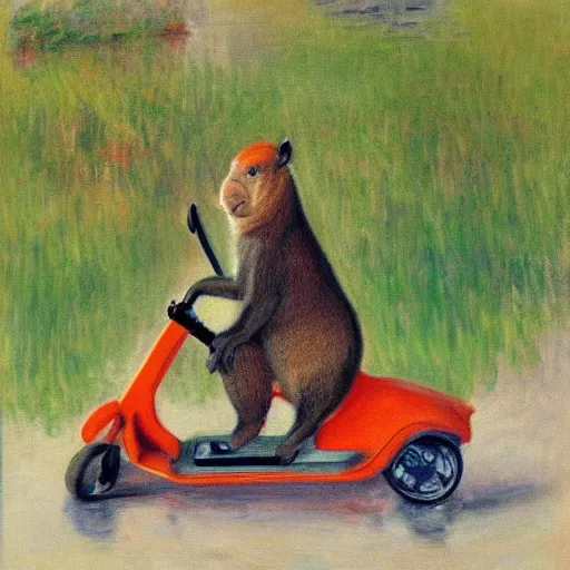 Prompt: painting of a capybara riding a razor scooter in the style of Claude Monet