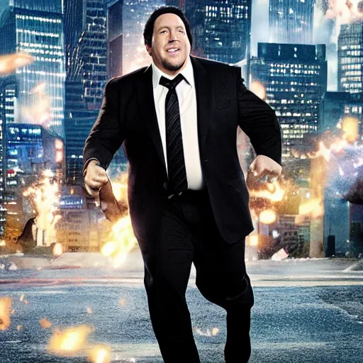 Prompt: clean-shaven Jon Favreau as Happy Hogan wearing a black suit and black necktie falling down from the air over a city