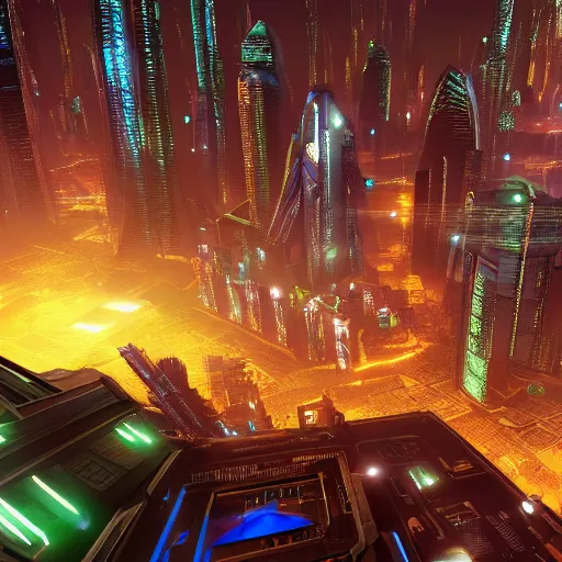 Prompt: Night on nar shaddaa, cyberpunk, overhead view, distance shot, 4k resolution, realistic, matte painting