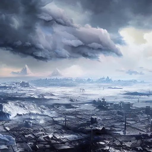 Image similar to world covered with enormous clouds, thru clouds there is slightly visible ice covered world, matte painting, concept art, illustration highly detailed artwork cinematic hyper realistic