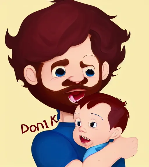 Image similar to a father with short red hair, a short red beard and blue eyes and a slightly chubby face hold his infant son with short brown hair full color digital illustration in the style of don bluth, artgerm, artstation trending, 4 k