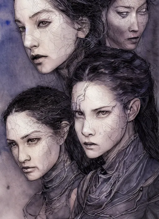 Image similar to portrait, the three sisters of fate, watercolor, dramatic lighting, cinematic, establishing shot, extremely high detail, foto realistic, cinematic lighting, pen and ink, intricate line drawings, by Yoshitaka Amano, Ruan Jia, Kentaro Miura, Artgerm, post processed, concept art, artstation, matte painting, style by eddie mendoza, raphael lacoste, alex ross