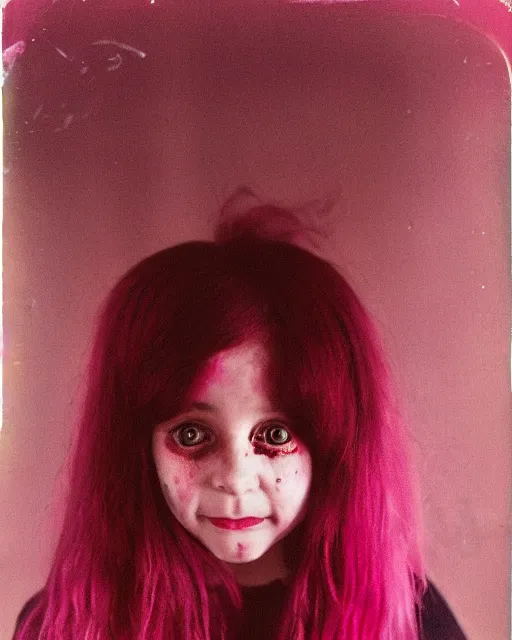 Prompt: an instant photo of a beautiful but sinister, smiling girl in layers of fear, with haunted eyes and pink hair, 1 9 7 0 s, seventies, delicate embellishments, a little blood, crimson, painterly, offset printing technique, mary jane ansell