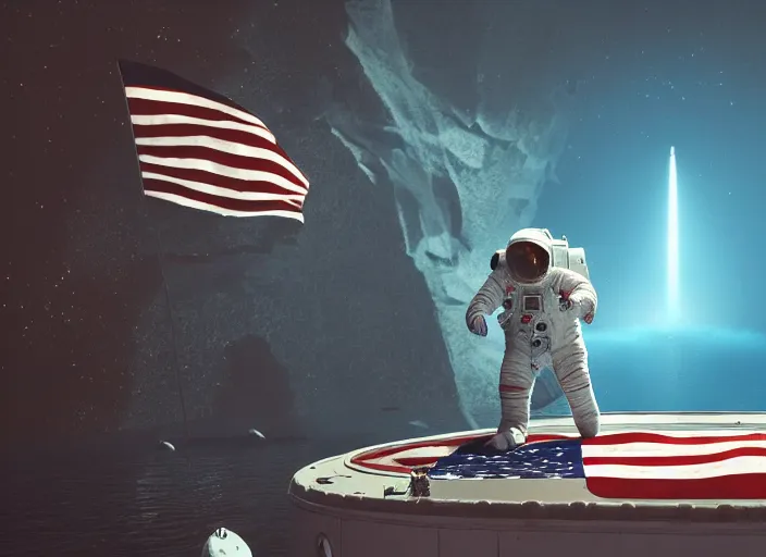 Prompt: astronaut putting a flag on the bottom of the ocean. in the background, a submarine is visible. dark, concept art, cinematic, dramatic, blender, photorealistic, octane render, 8 k, volumetric lighting, trending on artstation