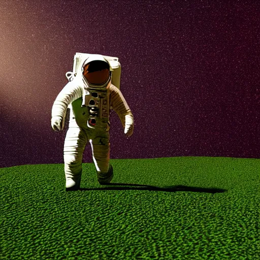 Image similar to A 3D render of an astronaut walking in a green desert