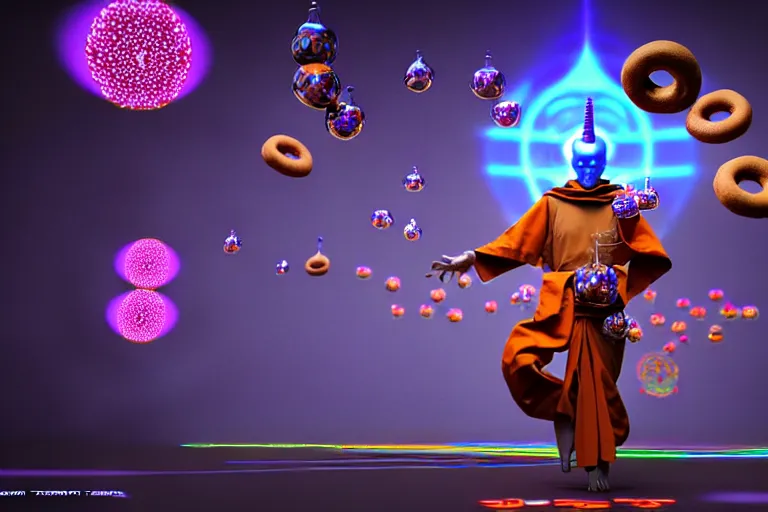 Prompt: 3 d render of a cyborg monk jester roaming a futuristic japanese cyberpunk bladerunner cyber landscape with orbs and donuts against a psychedelic surreal background with 3 d butterflies and 3 d flowers n the style of 1 9 9 0's cg graphics 3 d rendered y 2 k aesthetic by ichiro tanida, 3 do magazine, wide shot