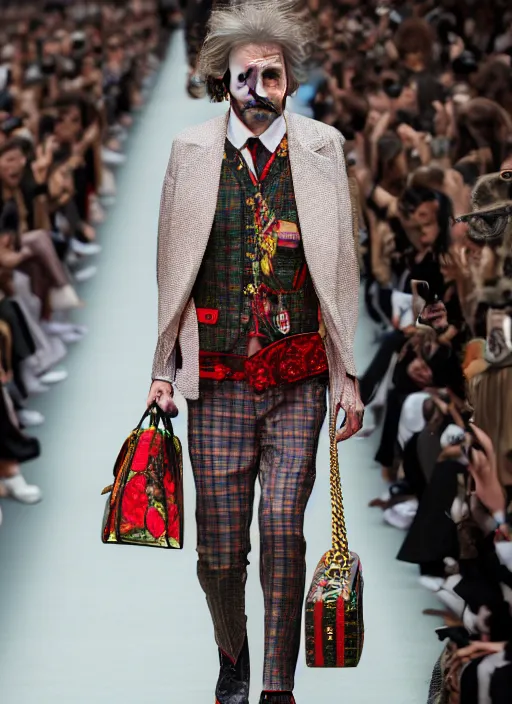 Image similar to hyperrealistic and heavy detailed gucci runway show of albert einstein, leica sl 2 5 0 mm, vivid color, high quality, high textured, real life