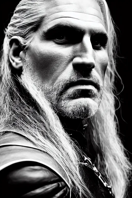 Image similar to portrait of geralt of rivia, 5 5 mm lens, professional photograph, black and white, times magazine, serious