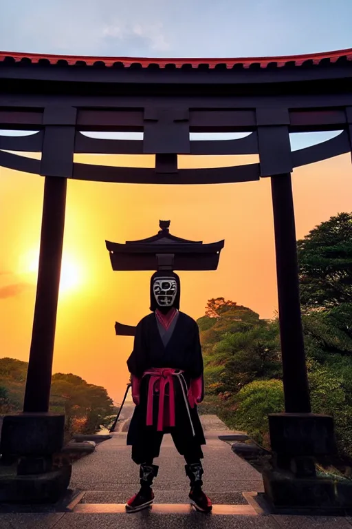 Image similar to a godlike and indomitable masked and helmeted samurai standing before a Torii gate with pride, the rising sun in the background. Photo realistic. Award winning