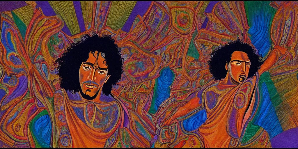 Image similar to an abstract spiritual background, a latino greek god dancing, clear eyes. 2 4 mm, photorealistic, muted color scheme, directed by mati klarwein