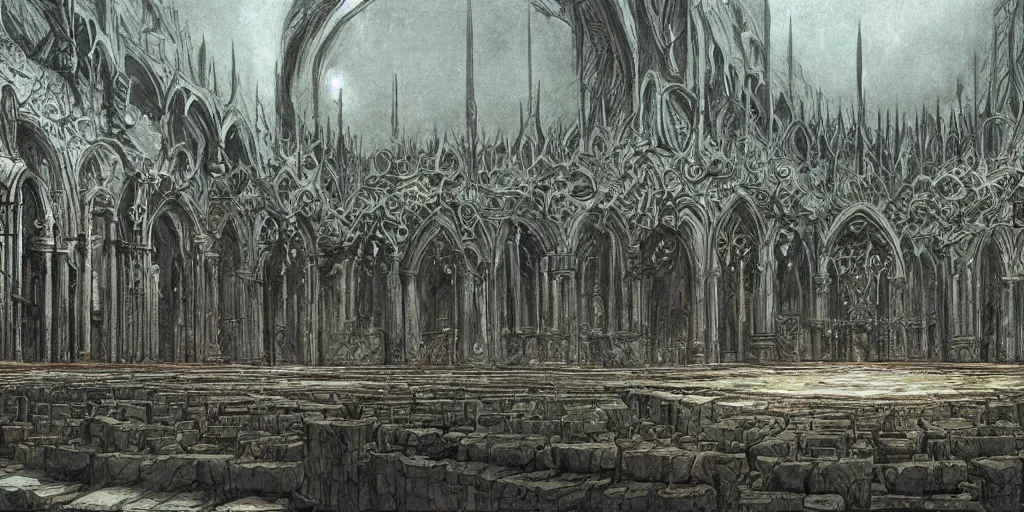 Image similar to Artwork by John Howe of the cinematic view of the Sanctuary of the Executioner.