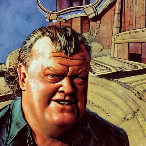 Prompt: head and shoulders portrait of actor Kenneth McMillan as baron harkonnen apoplectic with anger in dune 1982 movie, background dystopian scifi palace, painted by norman rockwell and tom lovell and frank schoonover