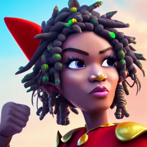 Image similar to beautiful afroame elf, clash royal style characters, unreal engine 5, octane render, detailed, cinematografic, cinema 4 d