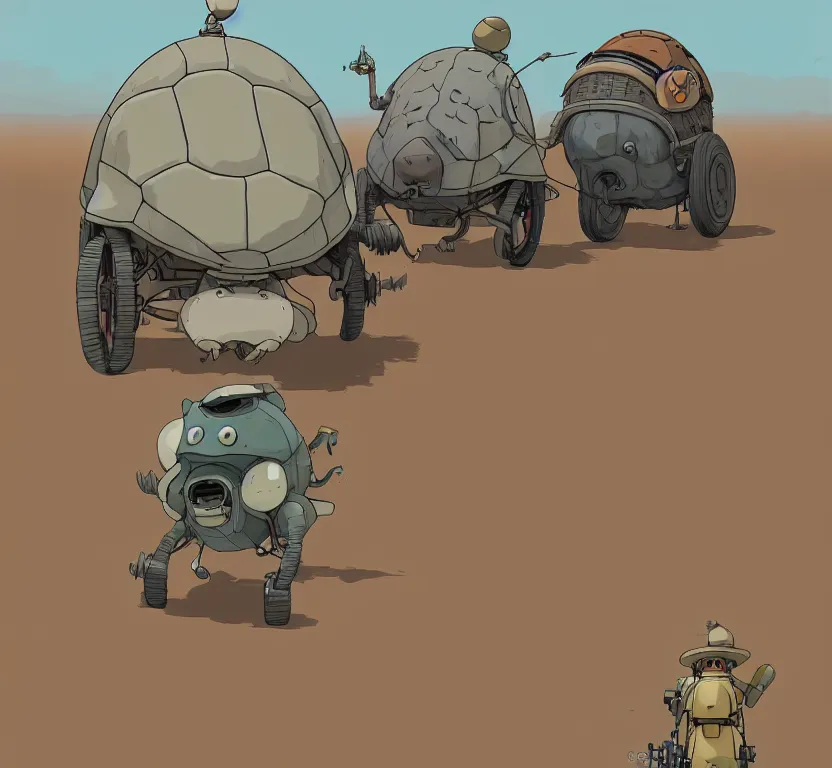 Prompt: a study of cell shaded cartoon of a grey mechanized tortoise from howl's moving castle ( 2 0 0 4 ) on a desert road, full body, wide shot, very muted colors, post grunge, studio ghibli, laurie greasley, highly detailed, deviantart, art by artgem