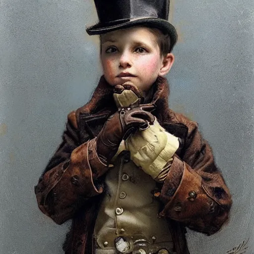 Prompt: by Jean-Baptiste Monge !!!!!!!!!!!!!!!!!!!!!!!!!!! (((((((((portrait of boy dressed as steampunk detective wearing leather gloves . muted colors.)))))))))