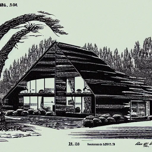 Image similar to patent drawing of house made of chainsaws