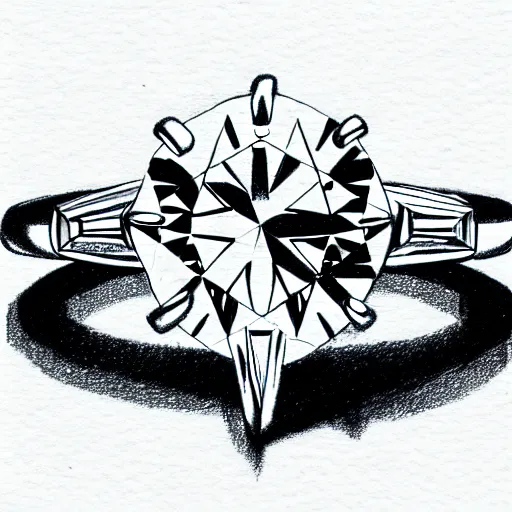 Image similar to sketch of engagement ring with two smaller diamonds outside and one bigger diamond in the middle, detailed, concept art, victorian, schematics, fashion