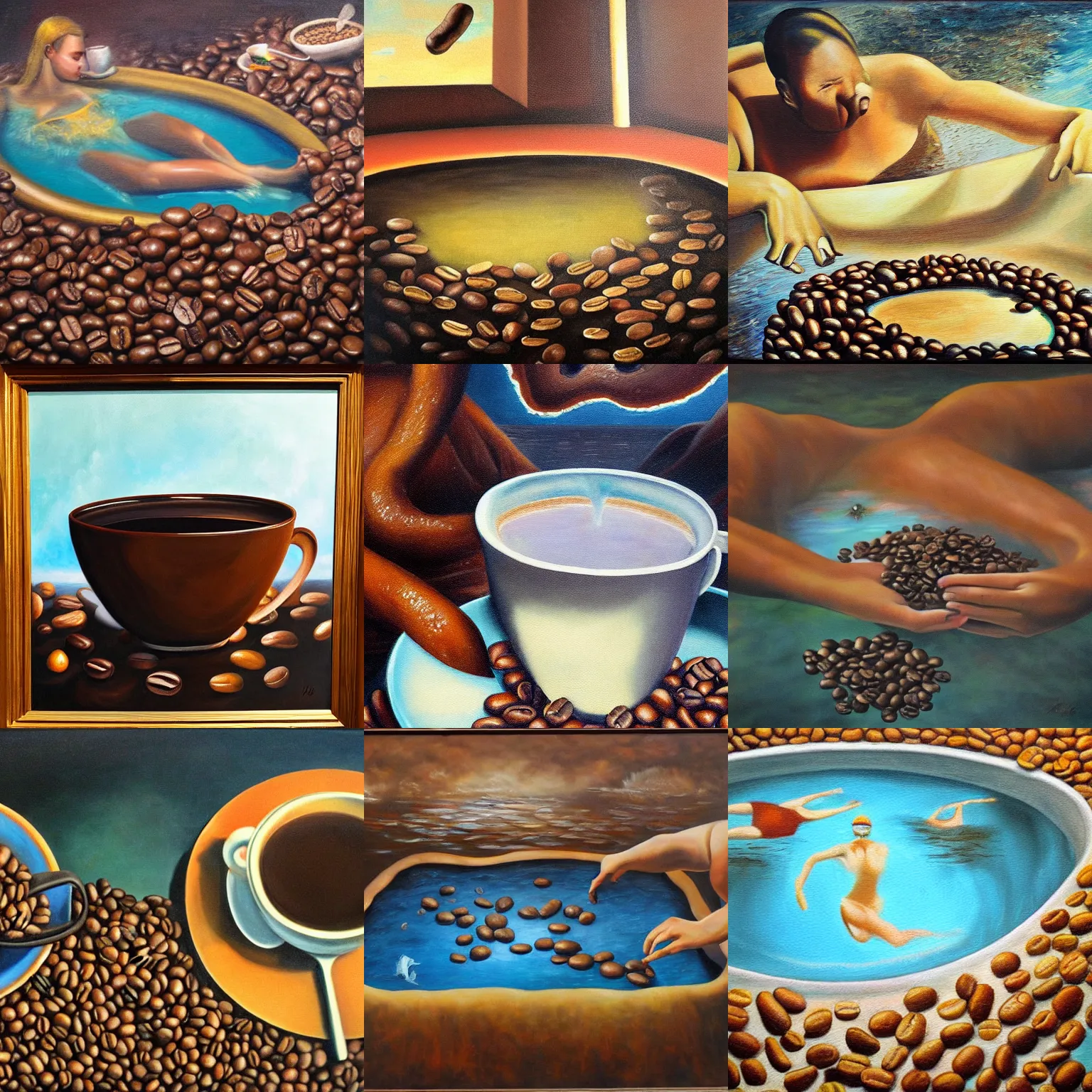 Prompt: Swimming in a pool of coffee, surrealist oil painting, dark water, coffee beans,