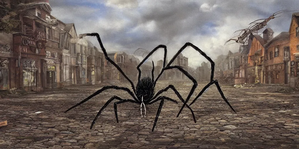 Image similar to surreal painting of giant spider walking through an abandoned town