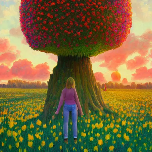 Image similar to giant flower head, girl standing in flower field, surreal photography, big trees, sunrise dramatic light, impressionist painting, colorful clouds, digital painting, pointillism, artstation, simon stalenhag