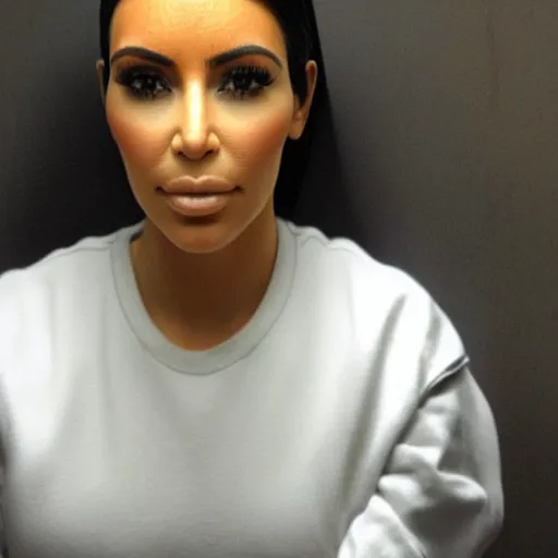 Image similar to real photo of a kim kardashian lookalike, behind bars. standing in jail cell