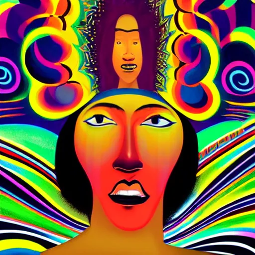 Prompt: closeup portrait of a black woman with yellow eyes and a rainbow background, gouache painting by tomokazu matsuyama, by ed paschke, by agnes pelton, by patrick nagel, behance contest winner, generative art, irridescent, holography, neon, dark art, retrowave, grain, androgynous, black background