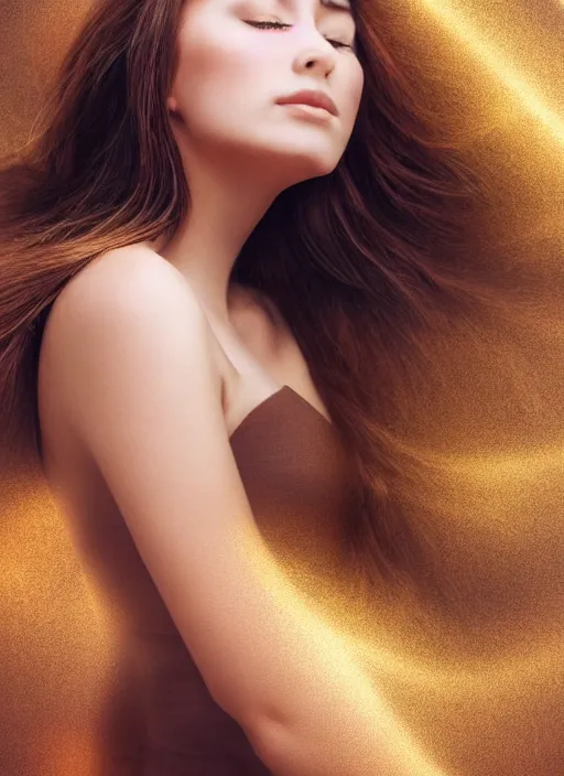 Image similar to a very beautiful still of a beautiful brown - haired woman with her head leaning backwards, golden ray of light across her face, eyes closed, front shot, close - up, hyper detailed, high contrast, bokeh background, realistic, digital art by irak linadar, sharp focus, golden, delicate, sunlight, dark background, 4 k