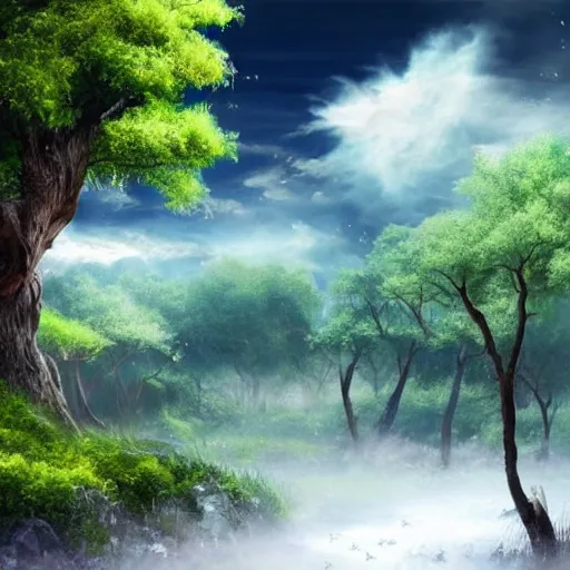 Image similar to a fantasy landscape with white beautiful trees