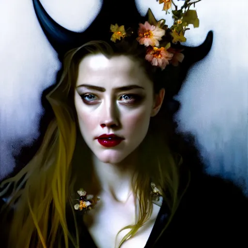 Image similar to hyperrealistic portrait of a woman as amber heard as a vampire witch grin in a black coat closing a window over the shoulder shot among falling petals. by jeremy mann and alphonse mucha, fantasy art, photo realistic, dynamic lighting, artstation, poster, volumetric lighting, very detailed faces, 4 k, award winning