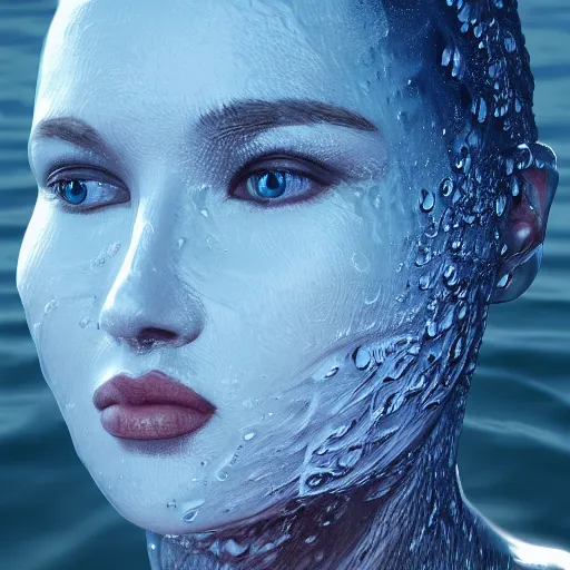 Image similar to water artwork manipulation in the shape of a human head, on the ocean water, ray tracing, realistic water sharp focus, long shot, 8 k resolution, cinematic, artstation