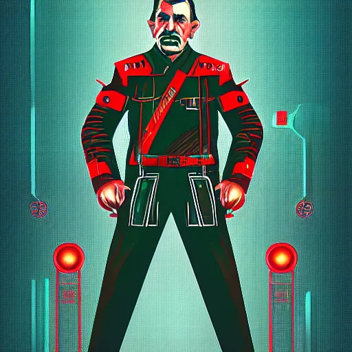 Image similar to cyberpunk joseph stalin as the leader of a futuristic communist society, cybernetics, sharp lines, digital, artstation, colored in