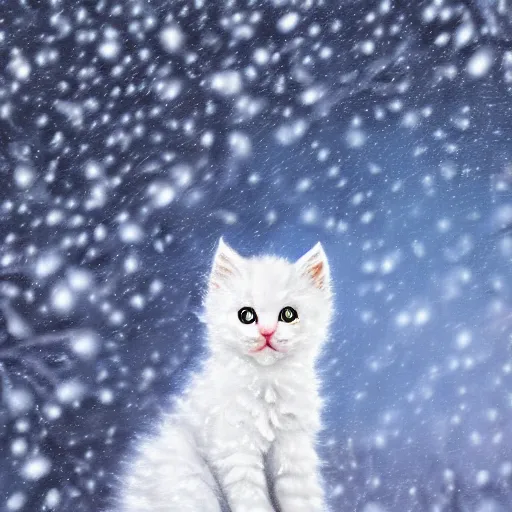 Prompt: cute fluffy white kitten sitting in snowy winter landscape detailed painting 4k