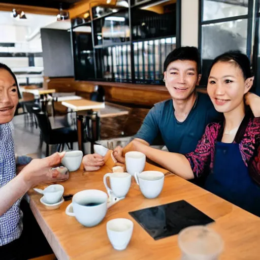 Prompt: taiwan brother, sister and her foreign husband sit down waiting for coffee in cafe