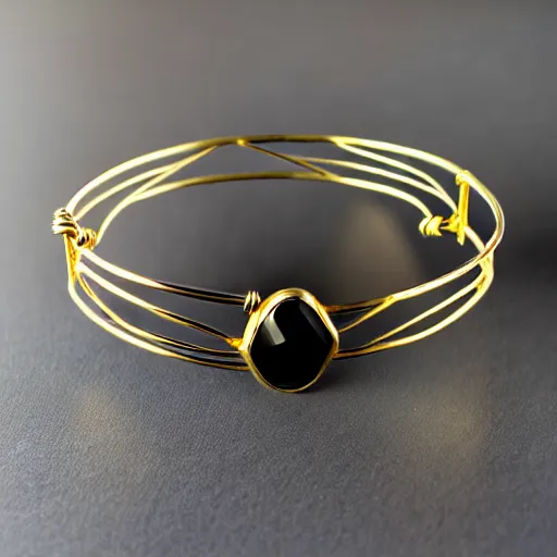 Prompt: arcaic Primitive Gold Bangle, 14K Gold Wire, Single Center sinister gem, Shungite Bangle, Mineral and Gold Jewelry, Product Photography