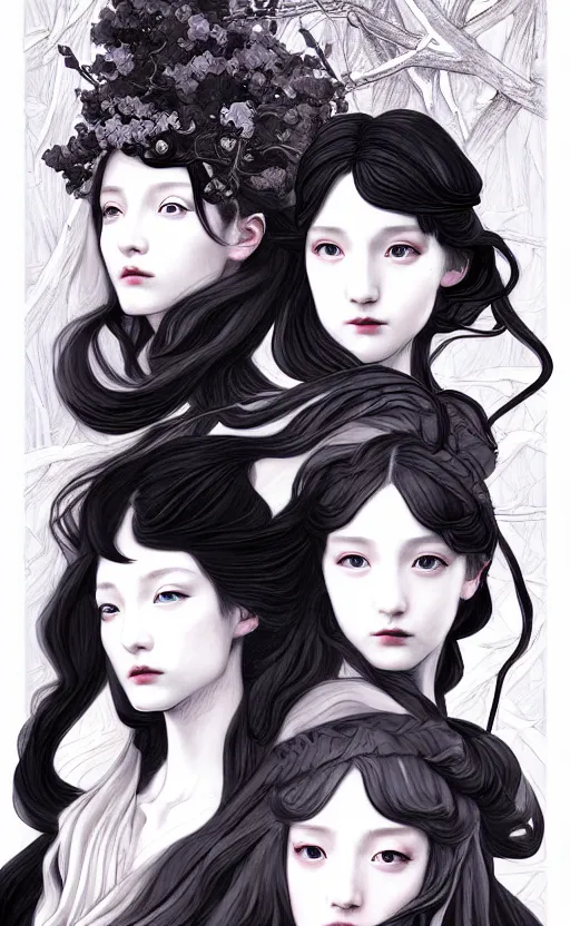 Prompt: 3 Figures as Winter Spirits, style is a blend of Peter Chung, Botticelli, and John Singer Sargent, inspired by pre-raphaelite paintings, shoujo manga, and Japanese city street fashion, dark and moody colors, hyper detailed, super fine inking lines, 4K extremely photorealistic digital art