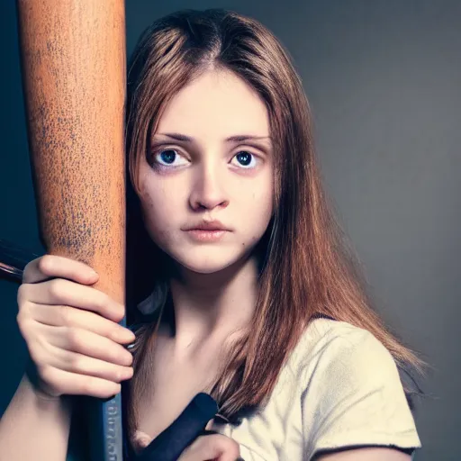 Image similar to lomo photograph, intricate detail, hyper detail, young beautifull woman, very hapot, full body potrait holding baseball bat, hazel green eyes, realistic, highlydetailed, natural, model shoot, masterpiece, sharp focus,