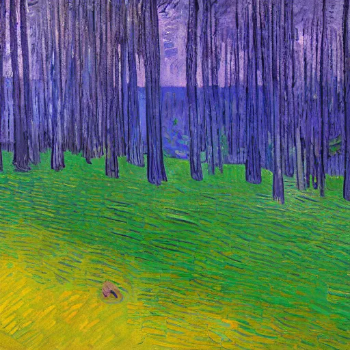 Prompt: landscape painting of a large dark beautiful light green forest with the blue and purple sunset reflected on the surface of the leaves. art by van gogh, picasso, cezanne, david hockney.