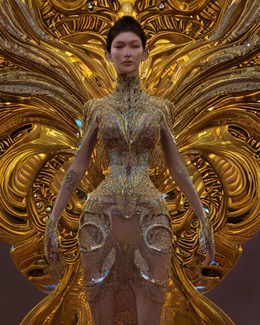 Prompt: a highly detailed metahuman 4 k close up render of an alien goddess bella hadid monument jibaro in iris van herpen dress schiaparelli in diamonds crystals swarovski and jewelry iridescent in style of alphonse mucha gustav klimt trending on artstation made in unreal engine 4