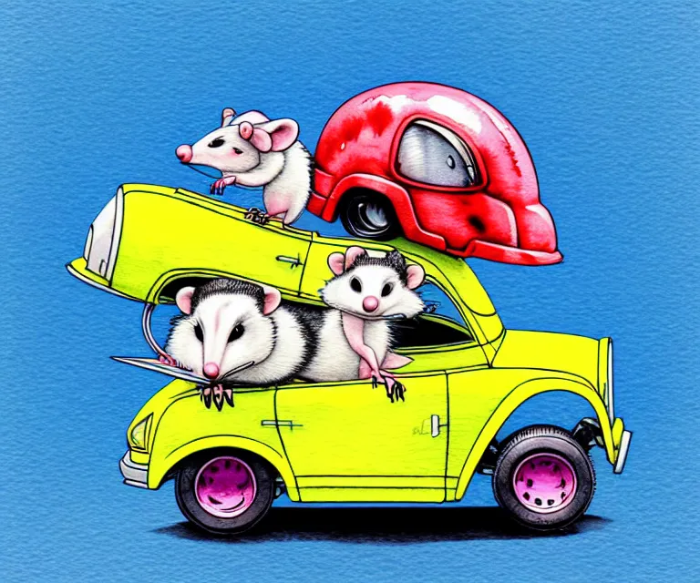 Image similar to cute and funny, opossum wearing a helmet riding in a tiny hot rod with oversized engine, ratfink style by ed roth, centered award winning watercolor pen illustration, isometric illustration by chihiro iwasaki, edited by range murata, tiny details by artgerm and watercolor girl, symmetrically isometrically centered, focused