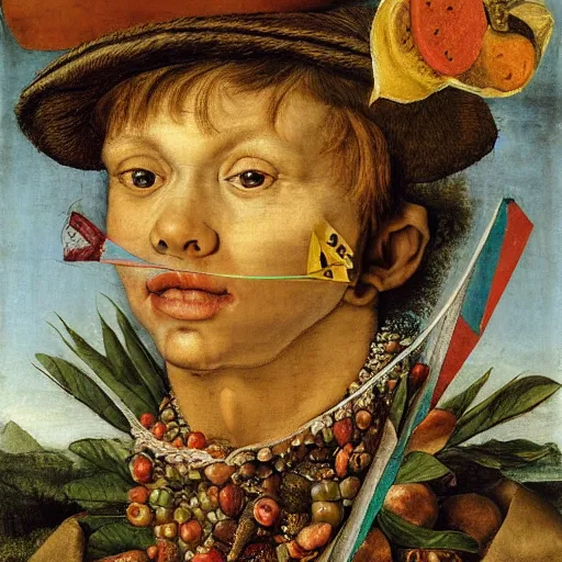 Image similar to a boy and his kite, by giuseppe arcimboldo, renaissance, portrait, fruit, detailed oil paint, high definition