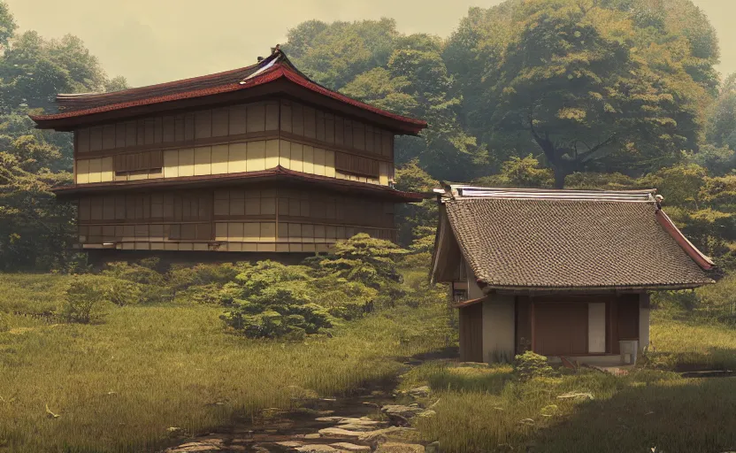 Image similar to Japanese countryside house, Low level, rendered by Beeple, Makoto Shinkai, syd meade, simon stålenhag, digital art, unreal engine, WLOP, trending on artstation, 4K UHD image, octane render