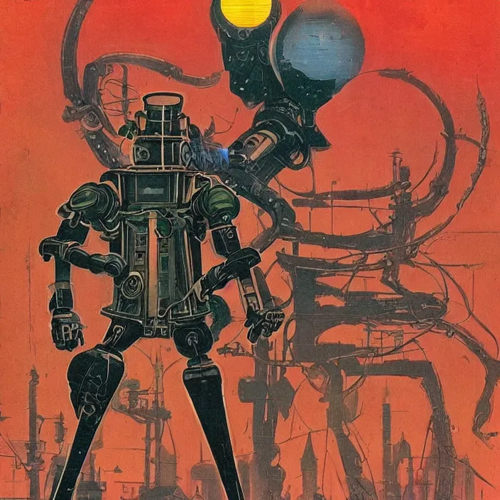 Image similar to a retrofuturism robot hunter from bloodborne in yharnam, style by retrofuturism, faded red and yelow, by malcolm smith, old comics in city, nicholas roerich, katinka reinke