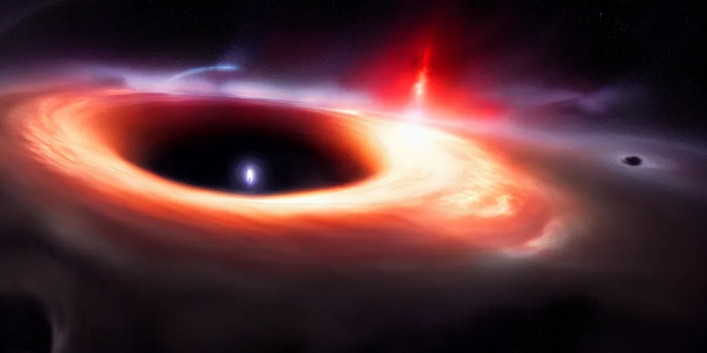 Prompt: giant glowing black hole in deep space, portal, day, ultra high definition, ultra detailed, sci - fi, dark fantasy, by paul chadeisson and denis villeneuve