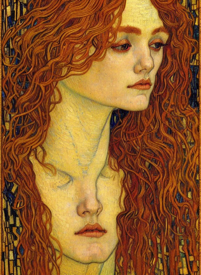 Image similar to detailed realistic beautiful young medieval queen face portrait by jean delville, gustav klimt and vincent van gogh, art nouveau, symbolist, visionary, gothic, pre - raphaelite, muted earthy colors, desaturated