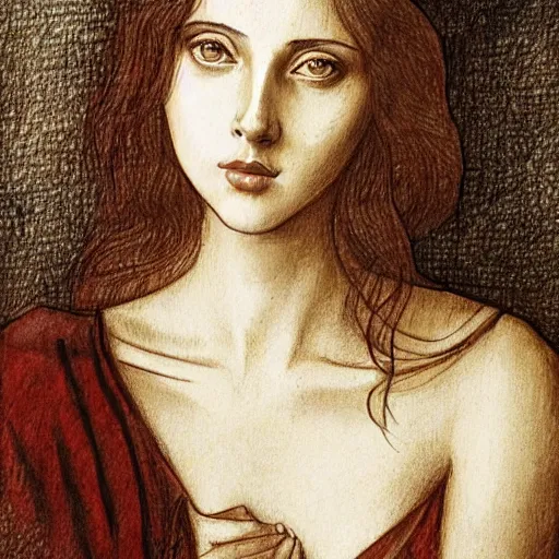 Image similar to a finished, detailed portrait drawing with reddish brown ink on parchment of a very young italian woman resembling scarlett johansson and ana de armas, by leonardo davinci in davinci's style from one of his notebooks