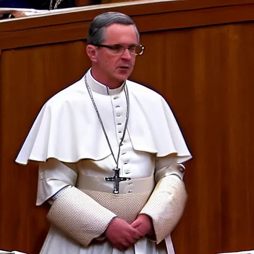 Prompt: Holly Earl dressed in Pope\'s Outfit during a Speech in the Senate on Coruscant