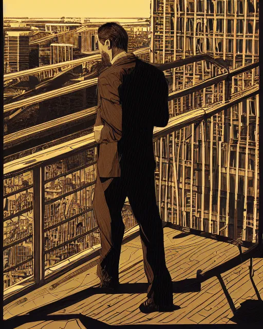 Image similar to portrait of a man standing on a bridge, detailed illustration, digital art, trending on artstation, martin ansin,